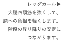 レッグカール▶︎ 大腿四頭筋を強くして、 膝への負担を軽くします。 階段の昇り降りの安定に つながります。